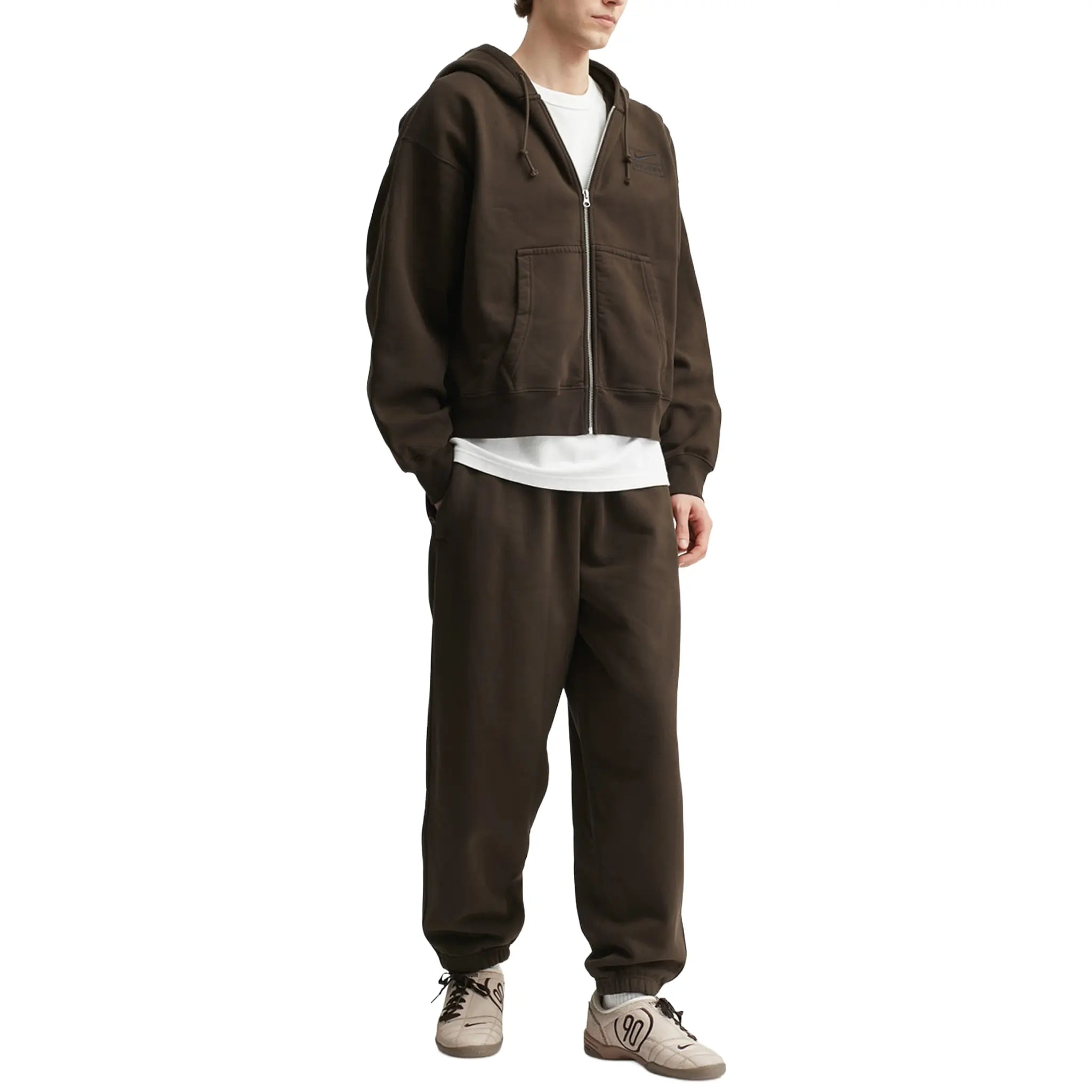 Front Side View of Nike x Stussy Fleece Stone Washed Dark Cinder Zip-Up Hoodie (FW25) FJ9176-261